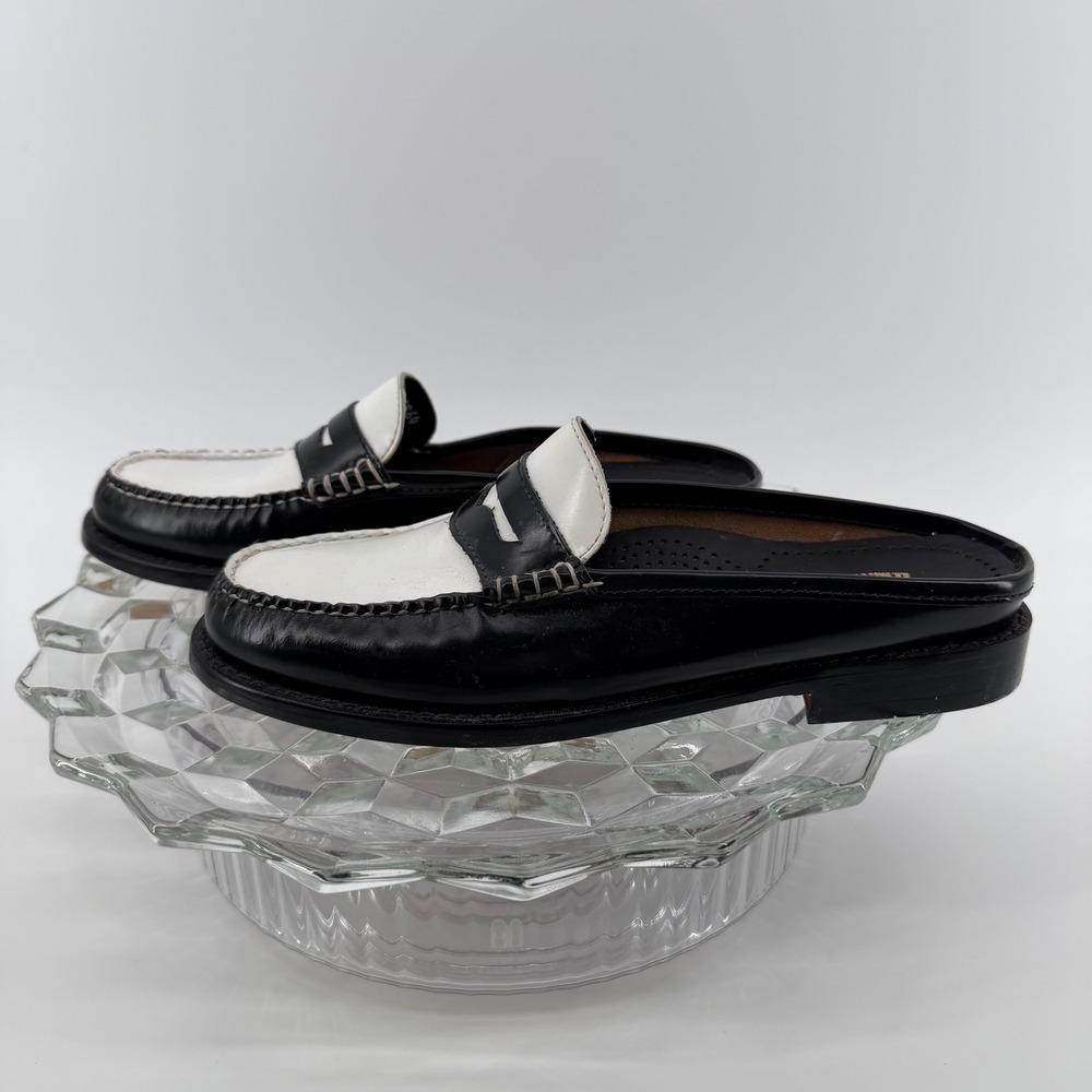 G.H. Bass Weejuns Black White Leather Mules Loafers Shoes Women Size 6.5